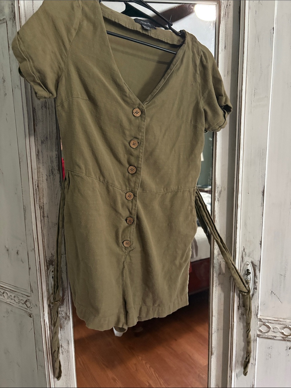 Primark Button-Front Olive Green Short Romper with Waist Ties